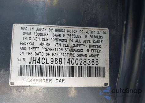 2004 Acura Tsx z USA, uszkodzony, nr VIN JH4CL96814C028365